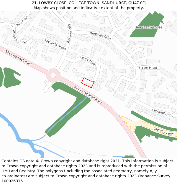 21, LOWRY CLOSE, COLLEGE TOWN, SANDHURST, GU47 0FJ: Location map and indicative extent of plot
