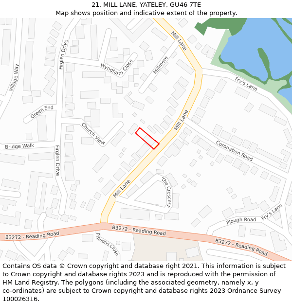 21, MILL LANE, YATELEY, GU46 7TE: Location map and indicative extent of plot