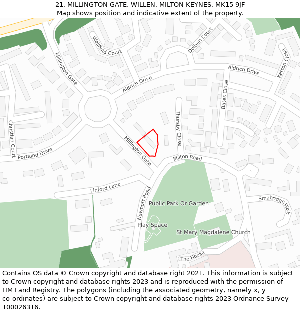 21, MILLINGTON GATE, WILLEN, MILTON KEYNES, MK15 9JF: Location map and indicative extent of plot