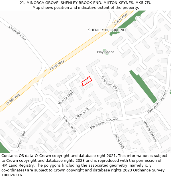 21, MINORCA GROVE, SHENLEY BROOK END, MILTON KEYNES, MK5 7FU: Location map and indicative extent of plot