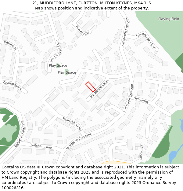 21, MUDDIFORD LANE, FURZTON, MILTON KEYNES, MK4 1LS: Location map and indicative extent of plot