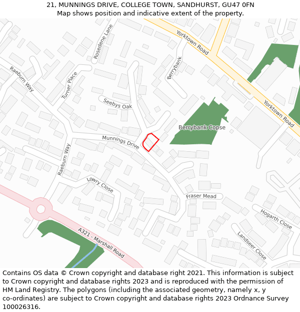 21, MUNNINGS DRIVE, COLLEGE TOWN, SANDHURST, GU47 0FN: Location map and indicative extent of plot