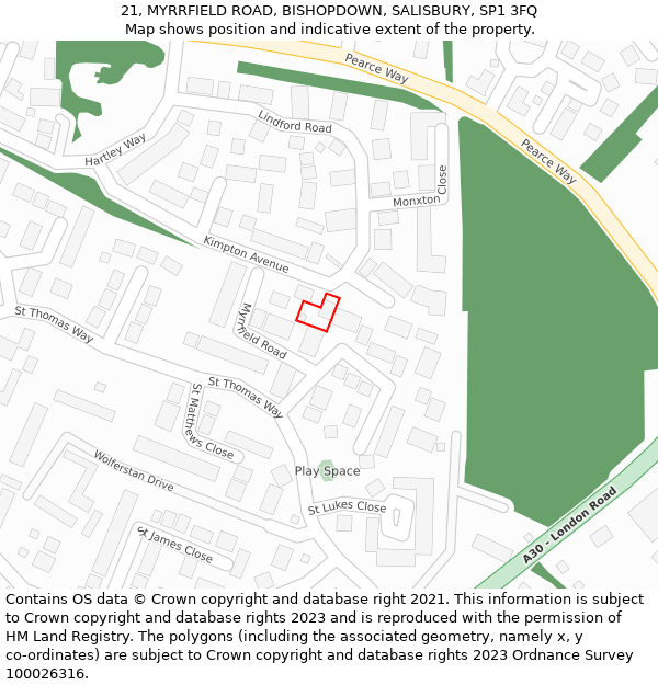 21, MYRRFIELD ROAD, BISHOPDOWN, SALISBURY, SP1 3FQ: Location map and indicative extent of plot