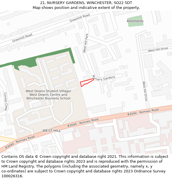 21, NURSERY GARDENS, WINCHESTER, SO22 5DT: Location map and indicative extent of plot