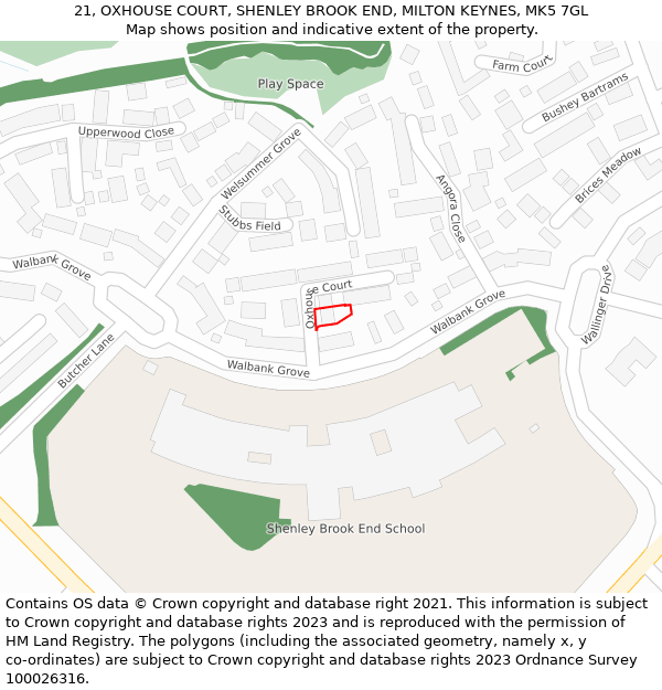 21, OXHOUSE COURT, SHENLEY BROOK END, MILTON KEYNES, MK5 7GL: Location map and indicative extent of plot