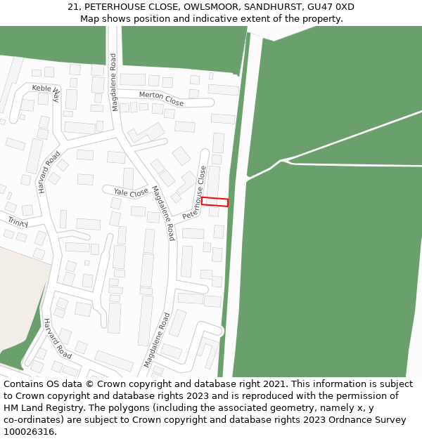 21, PETERHOUSE CLOSE, OWLSMOOR, SANDHURST, GU47 0XD: Location map and indicative extent of plot