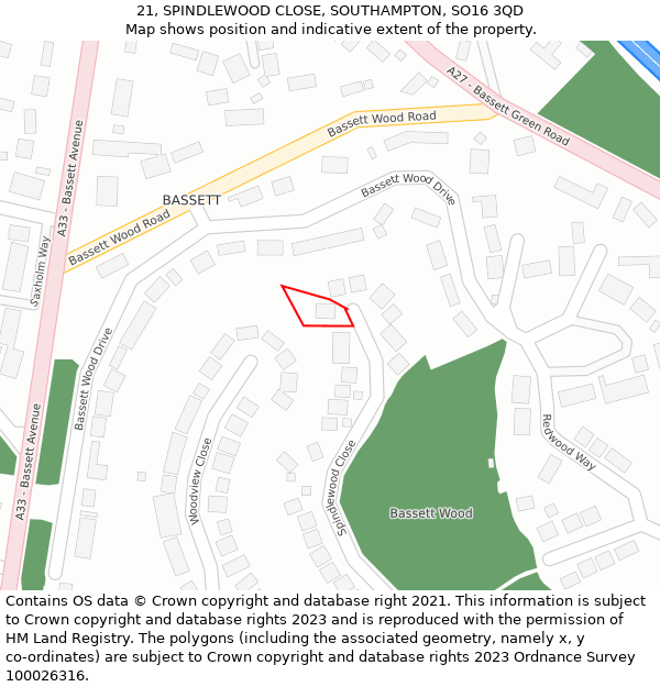 21, SPINDLEWOOD CLOSE, SOUTHAMPTON, SO16 3QD: Location map and indicative extent of plot