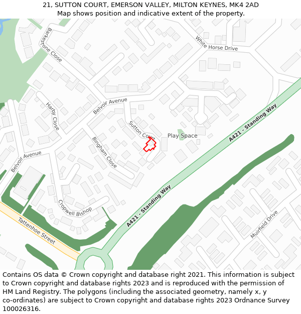 21, SUTTON COURT, EMERSON VALLEY, MILTON KEYNES, MK4 2AD: Location map and indicative extent of plot