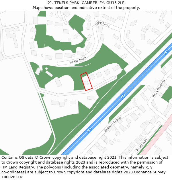 21, TEKELS PARK, CAMBERLEY, GU15 2LE: Location map and indicative extent of plot