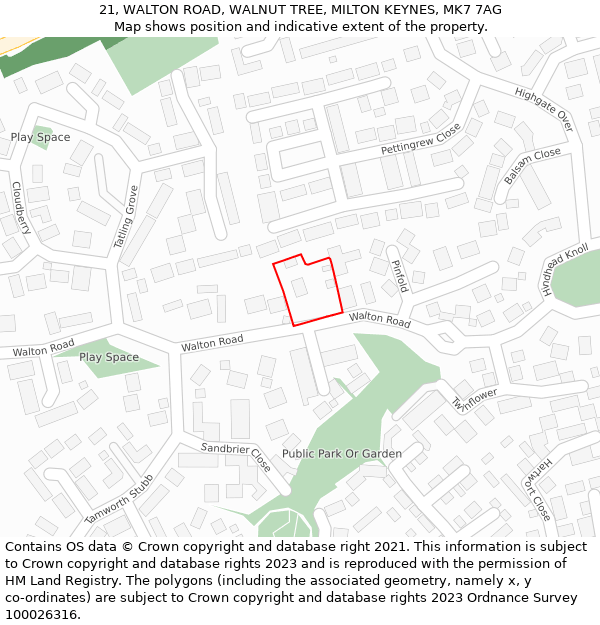 21, WALTON ROAD, WALNUT TREE, MILTON KEYNES, MK7 7AG: Location map and indicative extent of plot