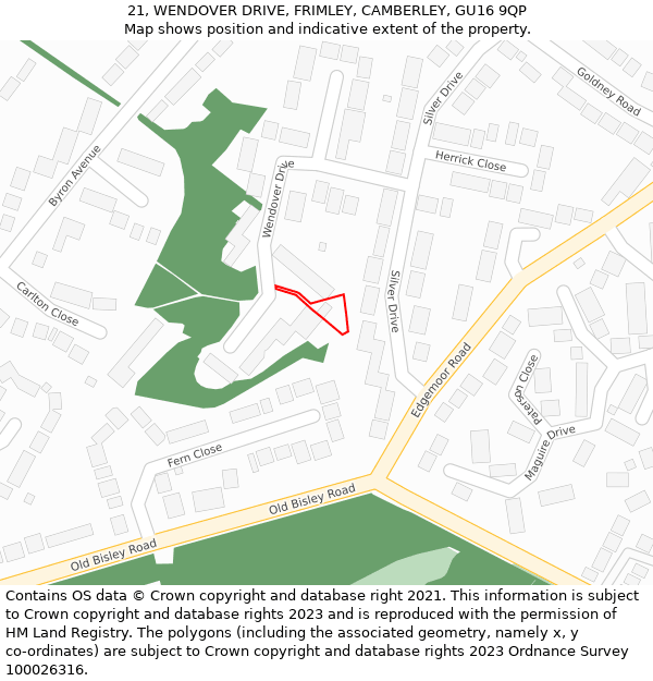 21, WENDOVER DRIVE, FRIMLEY, CAMBERLEY, GU16 9QP: Location map and indicative extent of plot