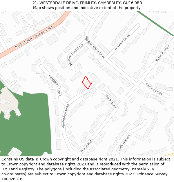 21, WESTERDALE DRIVE, FRIMLEY, CAMBERLEY, GU16 9RB: Location map and indicative extent of plot