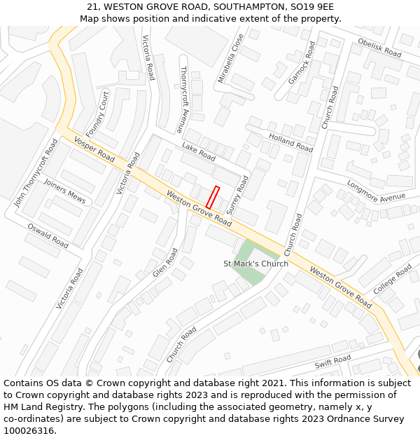 21, WESTON GROVE ROAD, SOUTHAMPTON, SO19 9EE: Location map and indicative extent of plot