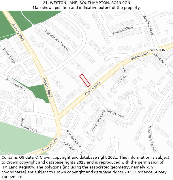 21, WESTON LANE, SOUTHAMPTON, SO19 9GN: Location map and indicative extent of plot