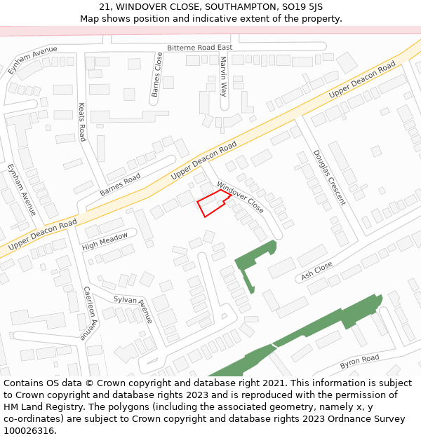 21, WINDOVER CLOSE, SOUTHAMPTON, SO19 5JS: Location map and indicative extent of plot