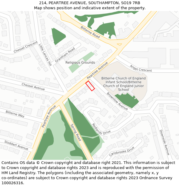 214, PEARTREE AVENUE, SOUTHAMPTON, SO19 7RB: Location map and indicative extent of plot