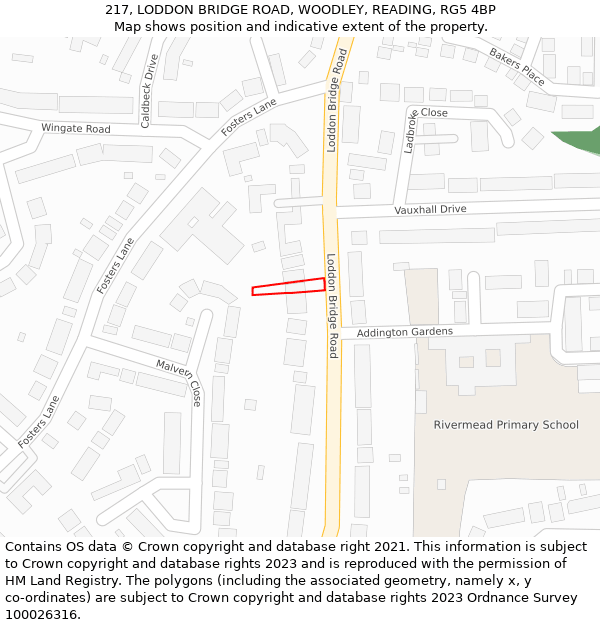217, LODDON BRIDGE ROAD, WOODLEY, READING, RG5 4BP: Location map and indicative extent of plot