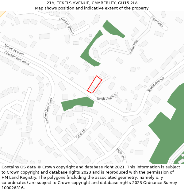 21A, TEKELS AVENUE, CAMBERLEY, GU15 2LA: Location map and indicative extent of plot