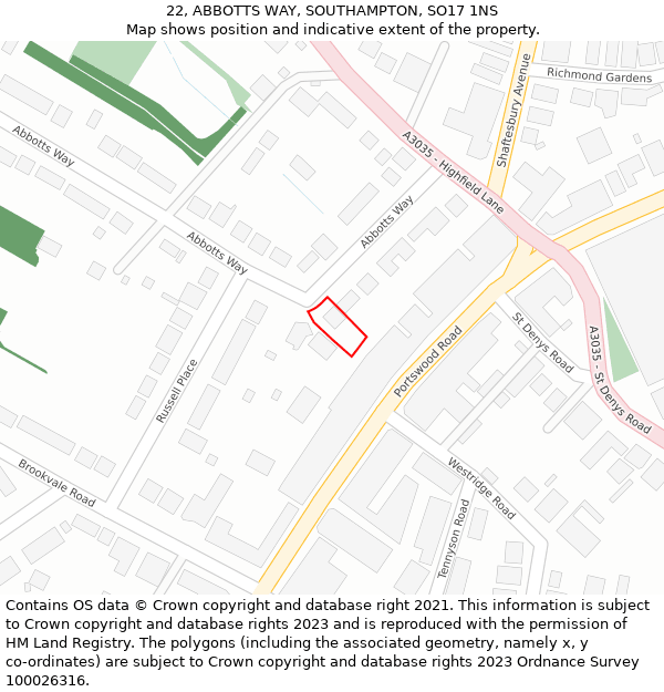 22, ABBOTTS WAY, SOUTHAMPTON, SO17 1NS: Location map and indicative extent of plot