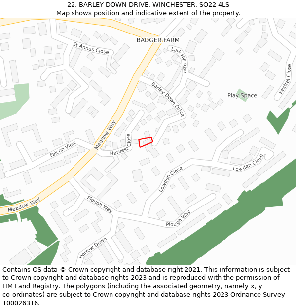 22, BARLEY DOWN DRIVE, WINCHESTER, SO22 4LS: Location map and indicative extent of plot