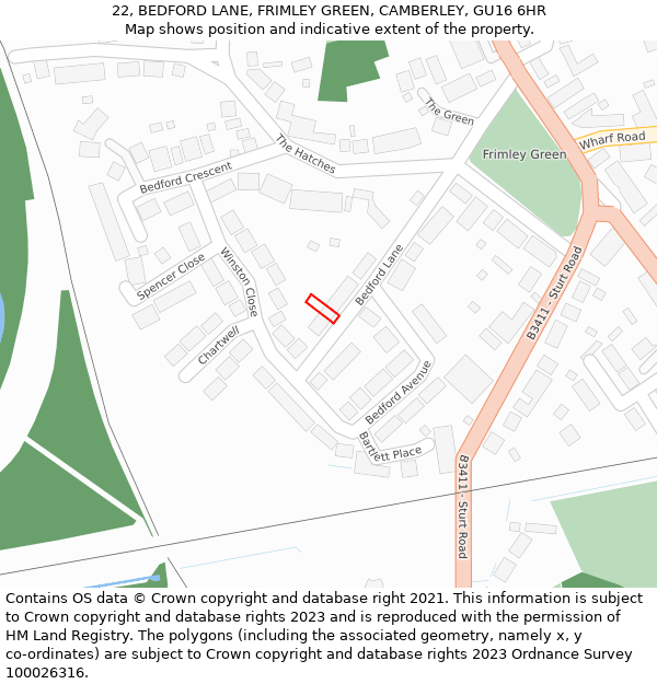 22, BEDFORD LANE, FRIMLEY GREEN, CAMBERLEY, GU16 6HR: Location map and indicative extent of plot