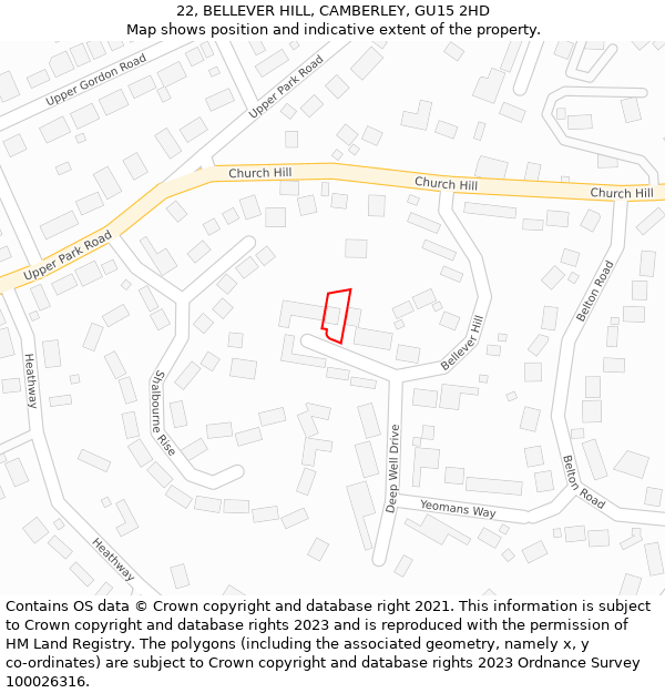 22, BELLEVER HILL, CAMBERLEY, GU15 2HD: Location map and indicative extent of plot