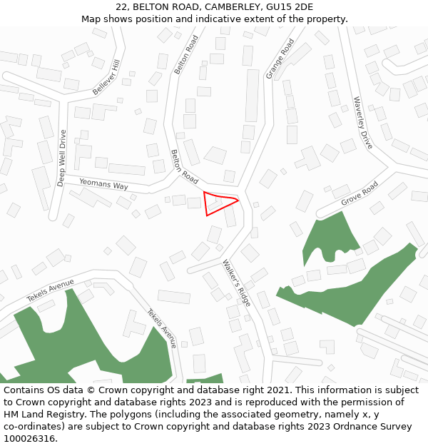 22, BELTON ROAD, CAMBERLEY, GU15 2DE: Location map and indicative extent of plot