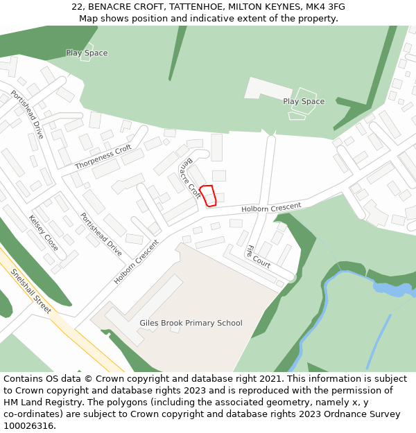 22, BENACRE CROFT, TATTENHOE, MILTON KEYNES, MK4 3FG: Location map and indicative extent of plot