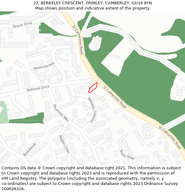 22, BERKELEY CRESCENT, FRIMLEY, CAMBERLEY, GU16 8YN: Location map and indicative extent of plot