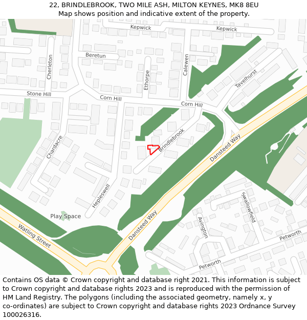 22, BRINDLEBROOK, TWO MILE ASH, MILTON KEYNES, MK8 8EU: Location map and indicative extent of plot