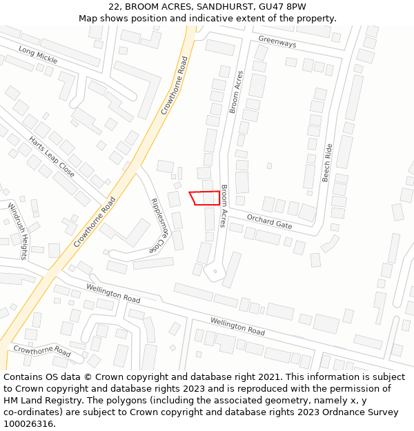 22, BROOM ACRES, SANDHURST, GU47 8PW: Location map and indicative extent of plot