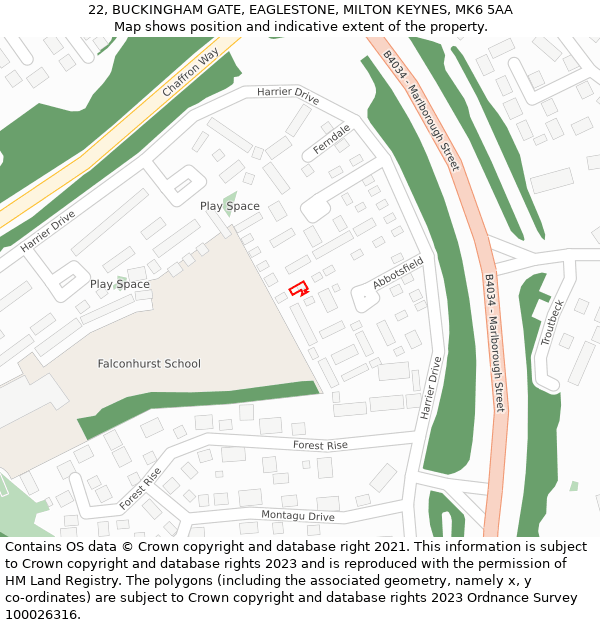 22, BUCKINGHAM GATE, EAGLESTONE, MILTON KEYNES, MK6 5AA: Location map and indicative extent of plot