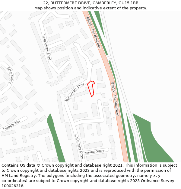 22, BUTTERMERE DRIVE, CAMBERLEY, GU15 1RB: Location map and indicative extent of plot