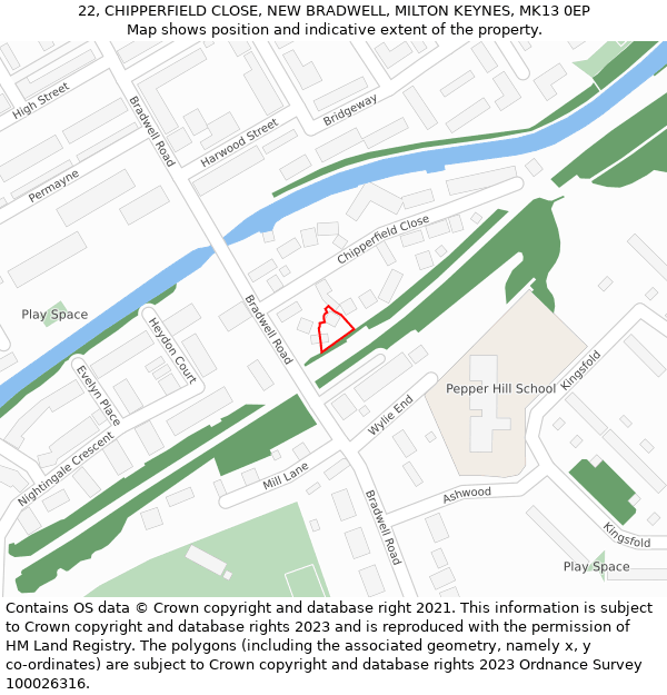 22, CHIPPERFIELD CLOSE, NEW BRADWELL, MILTON KEYNES, MK13 0EP: Location map and indicative extent of plot