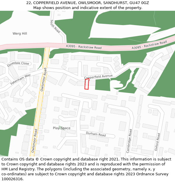 22, COPPERFIELD AVENUE, OWLSMOOR, SANDHURST, GU47 0GZ: Location map and indicative extent of plot