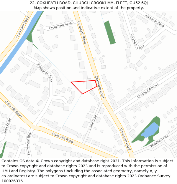 22, COXHEATH ROAD, CHURCH CROOKHAM, FLEET, GU52 6QJ: Location map and indicative extent of plot
