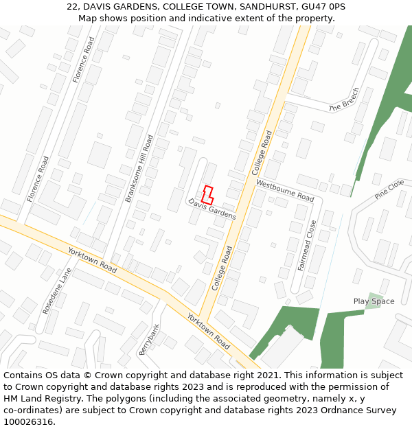 22, DAVIS GARDENS, COLLEGE TOWN, SANDHURST, GU47 0PS: Location map and indicative extent of plot
