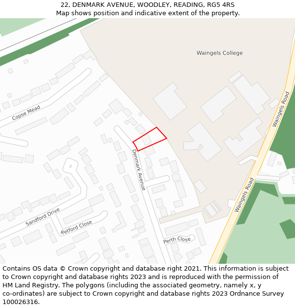 22, DENMARK AVENUE, WOODLEY, READING, RG5 4RS: Location map and indicative extent of plot