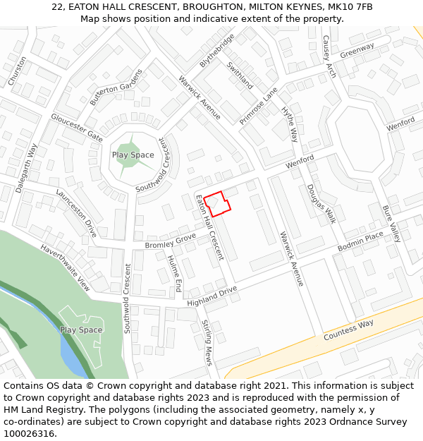 22, EATON HALL CRESCENT, BROUGHTON, MILTON KEYNES, MK10 7FB: Location map and indicative extent of plot
