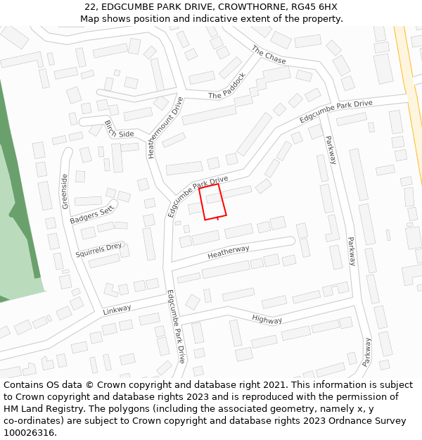 22, EDGCUMBE PARK DRIVE, CROWTHORNE, RG45 6HX: Location map and indicative extent of plot