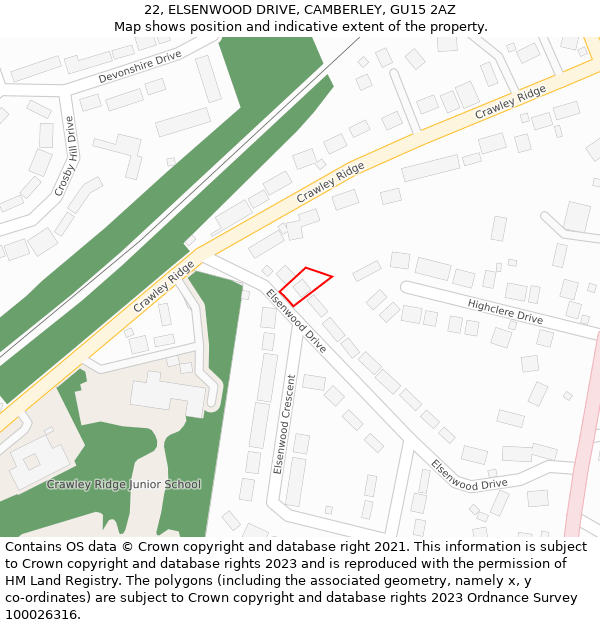 22, ELSENWOOD DRIVE, CAMBERLEY, GU15 2AZ: Location map and indicative extent of plot