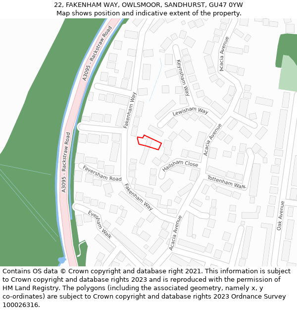 22, FAKENHAM WAY, OWLSMOOR, SANDHURST, GU47 0YW: Location map and indicative extent of plot