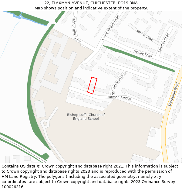 22, FLAXMAN AVENUE, CHICHESTER, PO19 3NA: Location map and indicative extent of plot