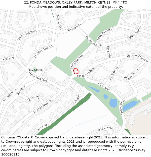 22, FONDA MEADOWS, OXLEY PARK, MILTON KEYNES, MK4 4TQ: Location map and indicative extent of plot