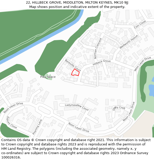 22, HILLBECK GROVE, MIDDLETON, MILTON KEYNES, MK10 9JJ: Location map and indicative extent of plot