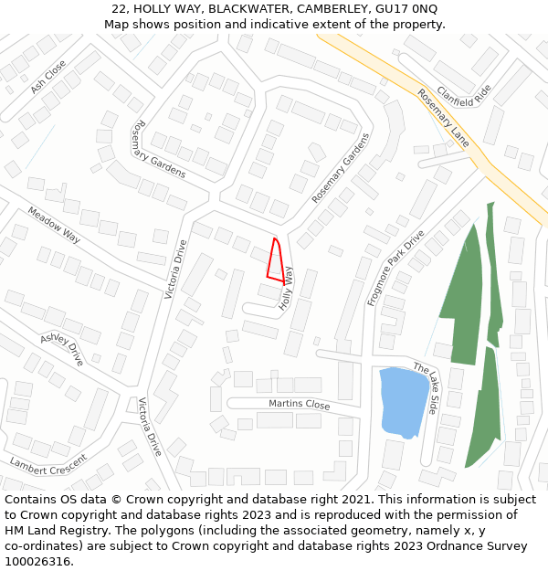 22, HOLLY WAY, BLACKWATER, CAMBERLEY, GU17 0NQ: Location map and indicative extent of plot