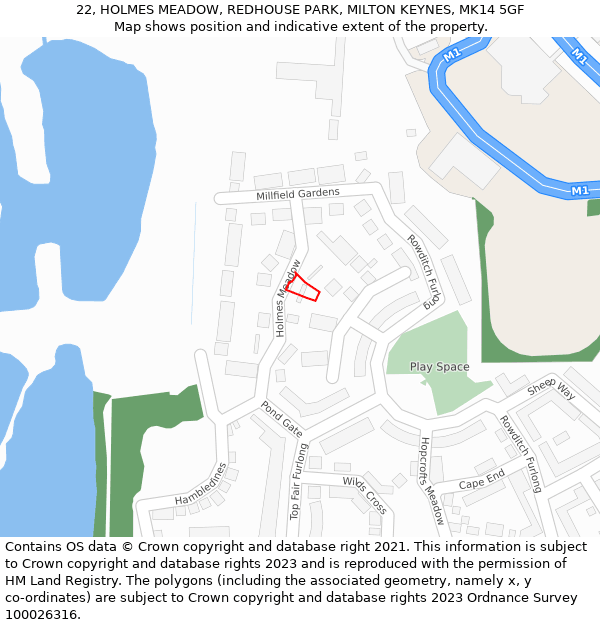 22, HOLMES MEADOW, REDHOUSE PARK, MILTON KEYNES, MK14 5GF: Location map and indicative extent of plot
