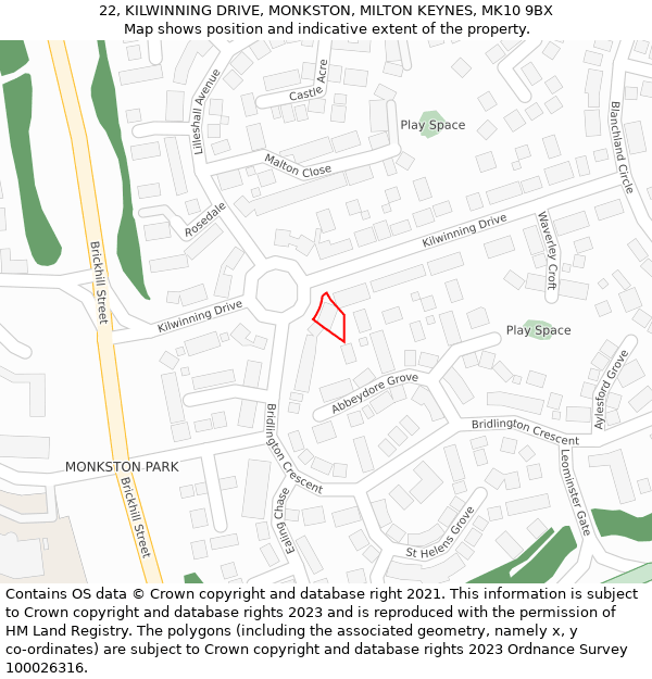 22, KILWINNING DRIVE, MONKSTON, MILTON KEYNES, MK10 9BX: Location map and indicative extent of plot