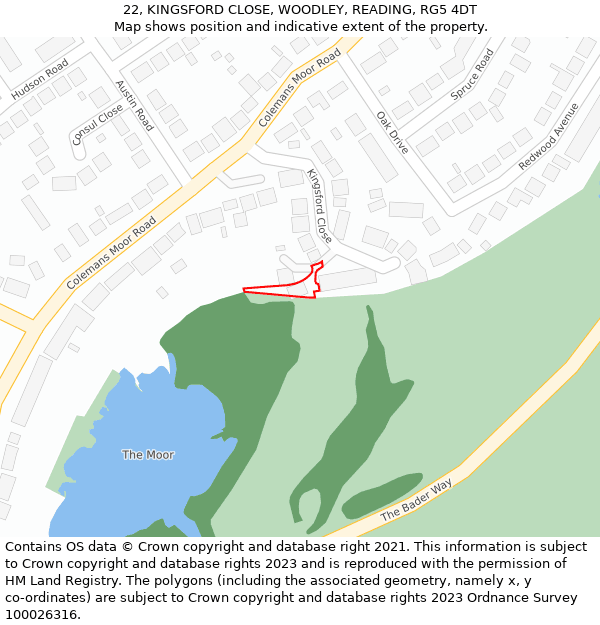 22, KINGSFORD CLOSE, WOODLEY, READING, RG5 4DT: Location map and indicative extent of plot