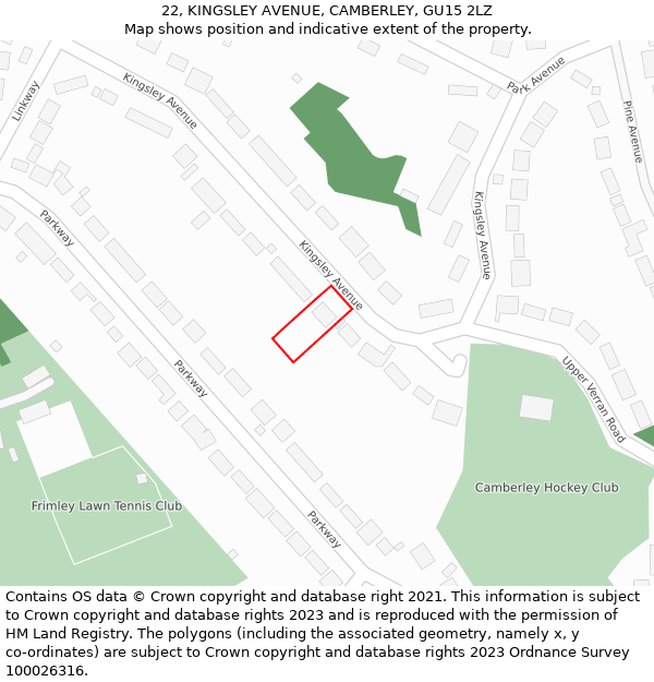 22, KINGSLEY AVENUE, CAMBERLEY, GU15 2LZ: Location map and indicative extent of plot
